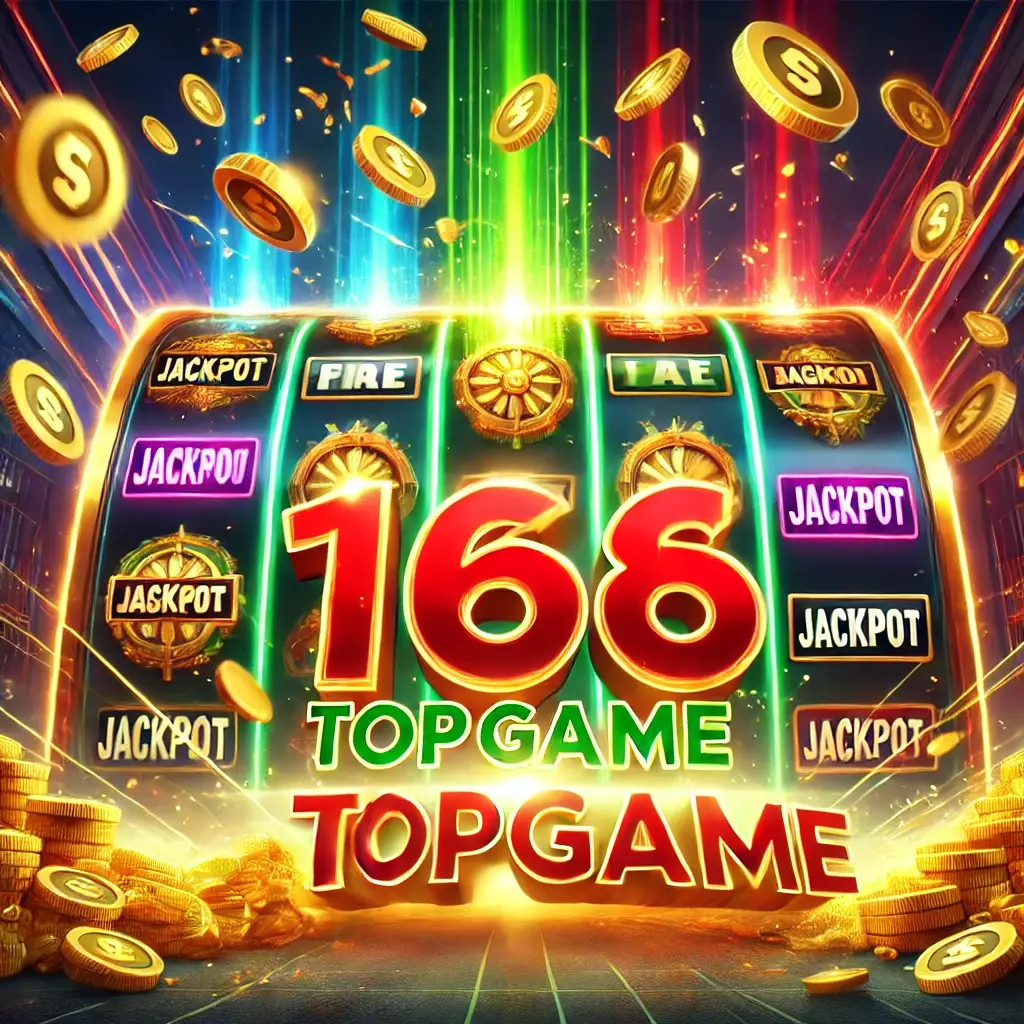 DALL·E 2024 12 21 19.51.31 A colorful and thrilling image of a modern online slot game interface with glowing reels gold coins flying and jackpot notifications. The text 168t